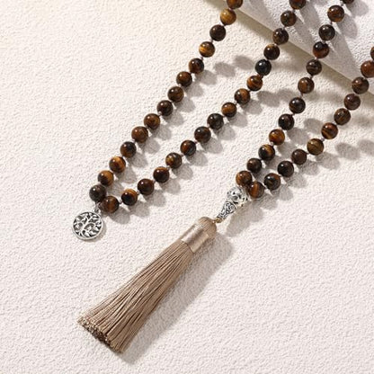 INBLUE 108 Mala Prayer Beads Wrap Necklace with Long Tassel Boho Necklace for Women Amazonite Bead Bracelet with Spiritual Tree of Life Pendant 108 Beads Necklace for Meditation - color: Natural Tiger Eye