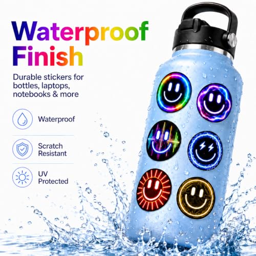 50 Neon Smiley Face Stickers, 2 Inch Waterproof Pack for Water Bottles - color: Neon
