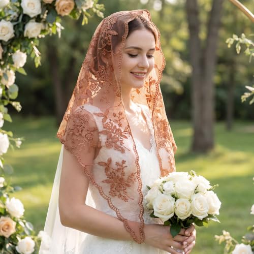 Lystaii Triangle Lace Mantilla Veil Catholic Chapel Head Covering Scarf - color: Brown