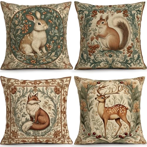 Retro Woodland Animal Pillow Covers Set of 4, 18x18 Botanical Rabbit Deer - color: Retro Botanical Animals, size: 18" x 18" (Pack of 4)