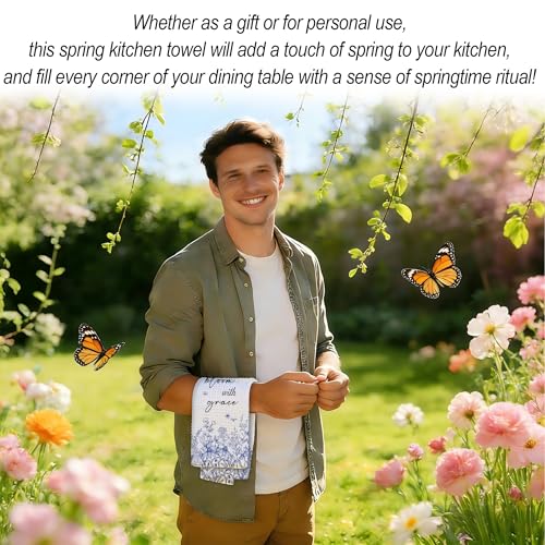 Wildflower Tea Towels For Kitchen, Bloom With Grace Blue Floral Towel, 05 - color: Blue