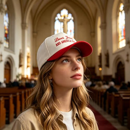 Embroidered Christian Two-Tone Baseball Cap for Men & Women, Adjustable Dad Hat Christmas Easter Gift - color: Loves Jesus and America Too, Red/Beige