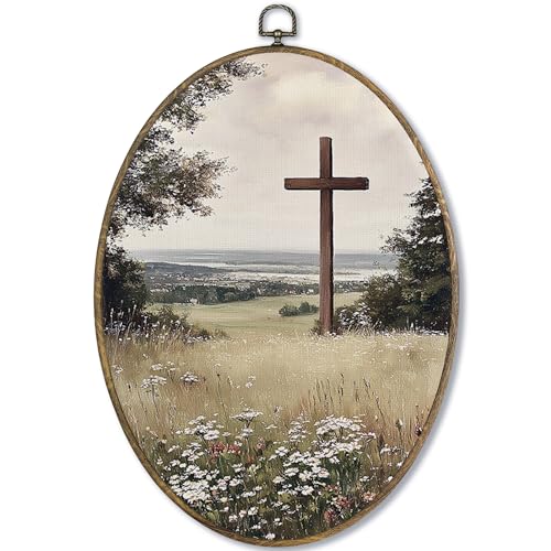 Fewgb Christian Cross Wildflower Oval Wall Art Decor Framed, Vintage Easter Religious Cottagecore Canvas Wall Art Prints Picture, Rustic Country Jesus Hanging Room Decor Artwork for Bedroom 9x12 - color: christian-02