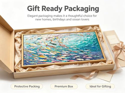 KIRFOLUC Abstract Ocean Wall Art, Large Framed Textured Print Painting - color: Fish, size: 32"L x 16"W