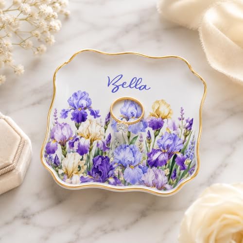 Personalized Ceramic Ring Dish with Name and Birth Flower, Custom Jewelry Tray Trinket Dish for Rings Earrings Necklaces Keys, Birth Month Flower Gift for Mom Bridesmaid Wife Best Friend - color: Birth Month Jewelry Dish