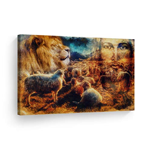 Smile Art Design Jesus The Good Shepherd The Lion and Sheeps Lamb Canvas Print Colorful Painting Jesus Christ Pray Cross Religious Family Room Home Decor Christian Art Ready to Hang - 8x12 - color: Christian Canvas H30, size: 12"L x 8"W
