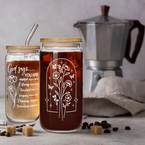 God Says You Are Glass with Bamboo Lid and Straw, Christian Bible Verse Floral Bible Verse Christmas Gift for Women, Inspirational Floral Christian Religious Gifts for Friend Bestie Mom Wife 16OZ