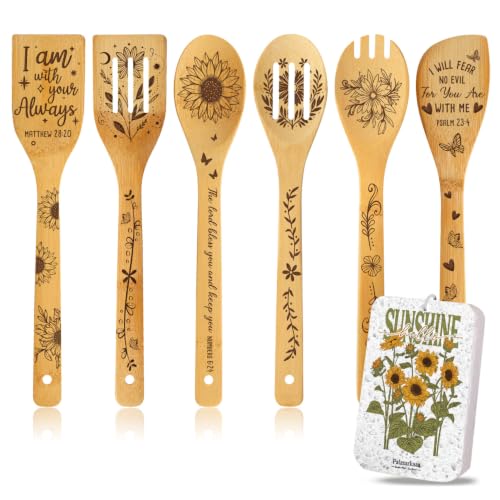 6 Pcs Christian Bible Verse Faith Religious Bamboo Spoon Set for Women Grandma Mom with Encourage Kitchen Towel, Inspirational Gifts for Birthday Thanksgiving Day