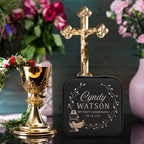 First Communion Gifts for Girls - Custom Jewelry Box for 1st Holy Communion, Personalized with Name and Date I 6 Designs & 5 Colors I First Communion Keepsake - D3 - style: Design 3
