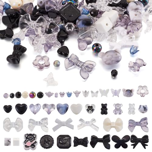 FASHEWELRY 1 Bag Cute Acrylic Beads Bulk Assorted Black Acrylic Beads Kawaii Aesthetic Bead Heart Bow Bear Bead Gothic Clear Pony Beading for Bracelets Necklace Making - color: Black Bowknot Theme