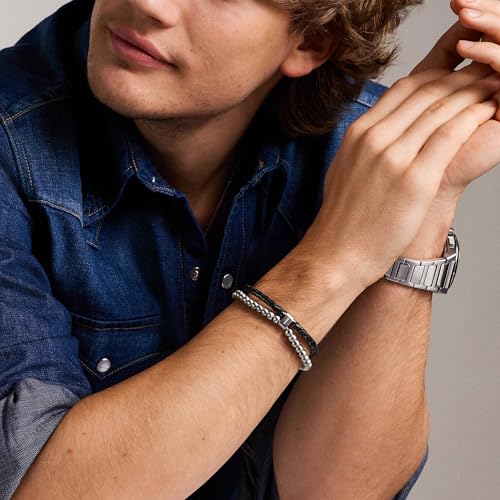 Fossil Men's Beaded Bracelet - color: Silver Beaded/Black