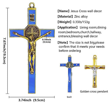 Jesus Crucifix Cross Metal Wall Decor,Saint Benedict Pendant Christian - color: Blue