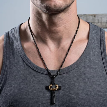 MOOSKI Cross Necklace for Men 316L Stainless Steel Crucifix Jesus 24" Chain - color: Black-gold