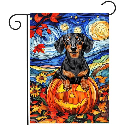 Stained Glass Dachshund Fall Garden Flag Halloween Pumpkin Yard Signs Autumn Sunflower Thanksgiving Banner for Outside 12x18 Double Sided Small Weiner Dog Outdoor Decorative - color: autumndachshund