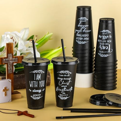 Havawish 12 Christian Tumbler Gift Bulk Religious Inspirational 24 oz Drinking Jesus Cup with Lid Straw Bible Verse Plastic Cup for Grandparents Pastor Clergy Church Sunday School, Black - color: Black