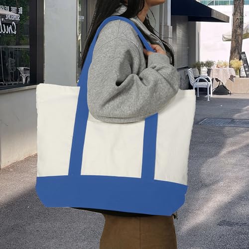 Extra Large Canvas Tote Bag with External Pocket, Reusable Grocery Shopping Bag with Waterproof Lining, Top Zipper