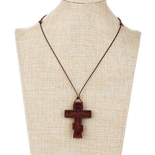 COTTVOTT Wood Orthodox Cross Pendant Necklace Christian Crucifix Necklace Prayer Jesus for Women Men - style: B-Red Color