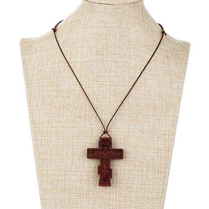 COTTVOTT Wood Orthodox Cross Pendant Necklace Christian Crucifix Necklace Prayer Jesus for Women Men - style: B-Red Color