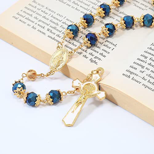Nazareth Store St. Benedict Deep Blue Crystal Beads Rosary Prayer Necklace Golden Miraculous Medal & Gold Enamel Cross - color: Deep Blue