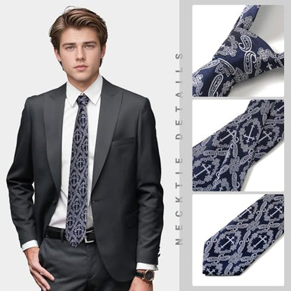 Men's 3.27 Inch (8.3CM) Christian Jesus Easter Novelty Tie Gift Box - color: Navy Blue-cross+paisley