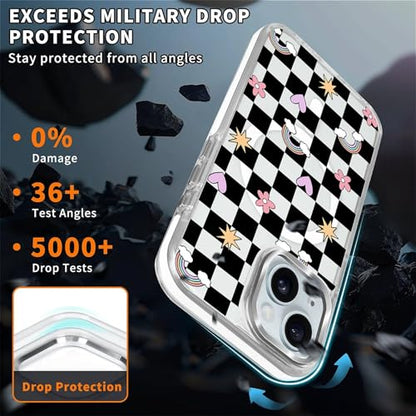 for iPhone 15 Case [Compatible with Magsafe],Girls Women Clear Magnetic Case Silicone Shockproof Protective Cover with Pattern Checkerboard Flowers - color: Checkerboard Flowers, size: iPhone 15