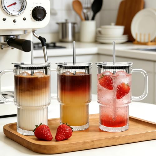 Accguan 2Pack 20oz Ribbed Glass Tumbler with Handle and Lid, Leak Proof Cup - size: 20oz with handle-2pcs