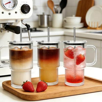 Accguan 6Pack 20oz Ribbed Glass Tumbler with Handle, Straw and Lid - size: 20oz with handle-6pcs
