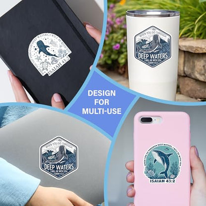 [9pcs x 3''] When You Go Through Deep Waters Whale Shark Sticker Bible Christian Faith Religious Waterproof Vinyl Stickers for Laptop, Water Bottle, Cars, Tumbler Decal