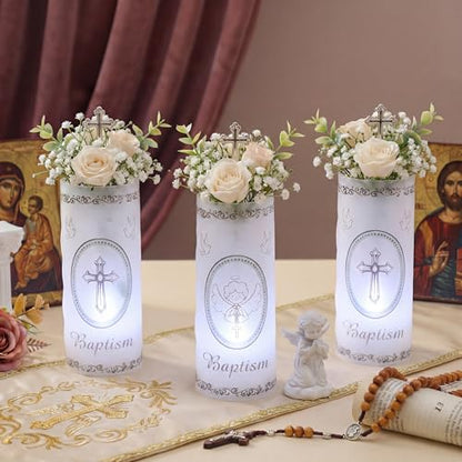 20 Pcs 10 Sets Baptism Centerpieces for Table Baptism Lantern Tea Light Holders with LED Candles Angel Cross Table Lantern for Easter First Communion God Bless Baby Shower Party Decor