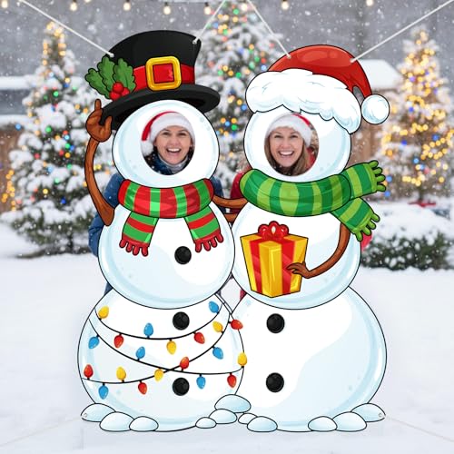 WovWeave Snowman Christmas Photo Booth Banner White with 2 Face Cutouts - style: Snowman
