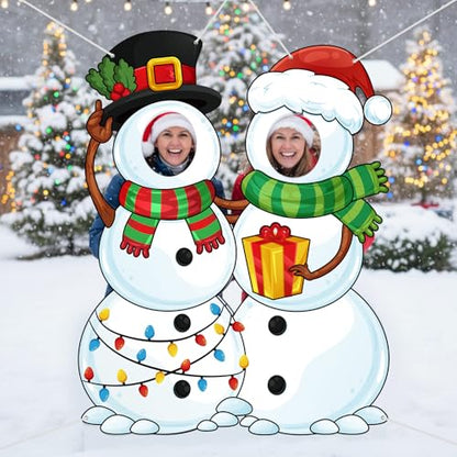 WovWeave Snowman Christmas Photo Booth Banner White with 2 Face Cutouts - style: Snowman