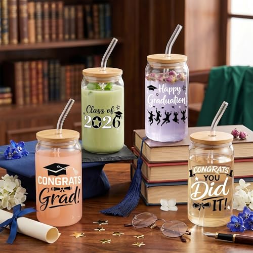 Glass Cups with Lids and Straws, 4Pack, 16oz, Graduation Grad - color: Happy Graduation