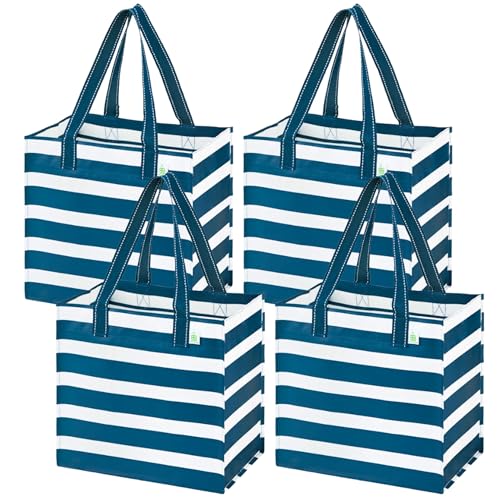 VENO 4 Pack Large Grocery Bag Reusable Shopping Bags with Hard Bottom - color: Classic Navy Stripe