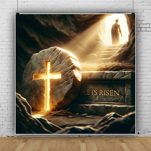 6x6ft Easter He is Risen Backdrop Resurrection of Jesus Tomb Backdrops for Photography Religious Cross Holy Lights Christian Easter Church Decorations Holy Week Photo Booth Props - color: Black, size: 6x6ft