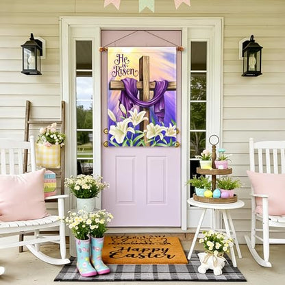 He is Risen Easter Christian House Flags 28x40 Double Sided Burlap, Religious Cross Spring Lily Flower Sign Large Flag Farmhouse Yard Outdoor Decoration DF701-28 - size: 28" X 40"