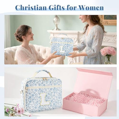 Personalized Initial Bible Cover Case for Women Bible Bag w/Study Supplies - color: Blue Flower, size: L