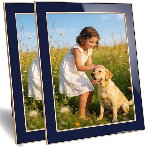 8x10 Enamel Picture Frame with Gold Metal Edge, Real Glass Photo Frames with Velvet Back, Horizontal and Vertical Display for Wall or Tabletop Desk Photo Gallery Decor (Navy Blue, 2Pcs) - color: Navy Blue, size: 8x10 (2 Pcs)