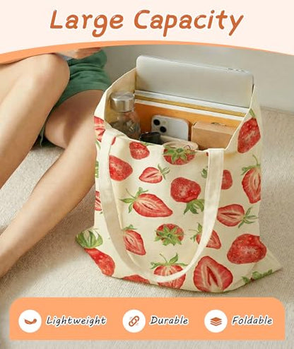 Women's Canvas Tote Bags with Inner Pockets & Metal Snap, Reusable Tote Bag for Girl's Vacation Travel Gym Shopping - color: Red Strawberry