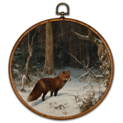 BCUANGD Winter Round Wall Art Decor - Vintage Winter Landspace Fox Wall Art Canvas Frame Artwork Prints, Rustic Xmas Holiday Cottage Round Wall Hanging Decorations for Home Gallery Bedroom, 10"x10" - color: Christmas-13