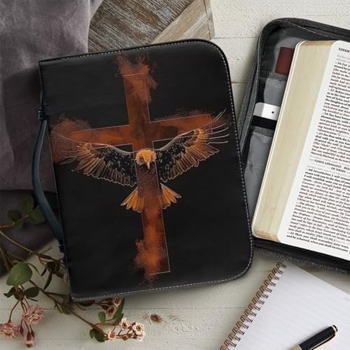 Leather Bible Cover Case, Book Cover with PU Bookmark, Bible Case,Brown Bible Covers for Men,Christian Gifts,Bald Eagle Cross,Large - color: Bald Eagle Cross, size: Large