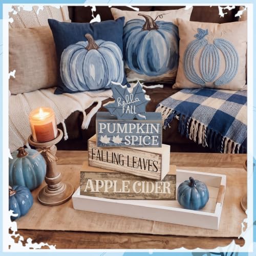 Moucuny 4 Pcs Fall Table Decoration Rustic Blue Maple Leaf Wooden Blocks - style: Blue Maple Leaves
