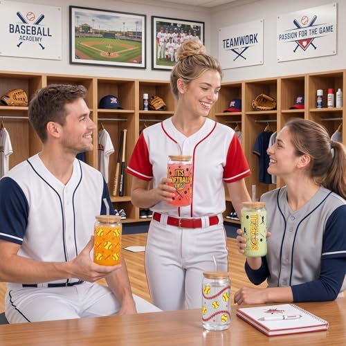 Glass Cups with Lids and Straws, 4Pack, 16oz, Softball Sports - color: Softball