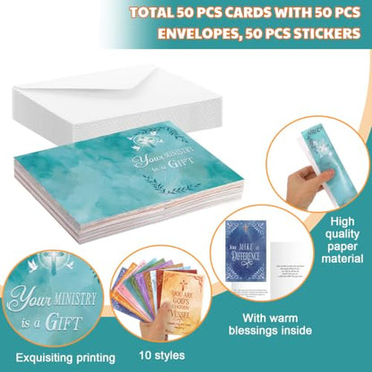 Affrolling 50 Pack Christian Ministry Appreciation Cards Bulk with Envelope - style: Ministry Watercolor Style