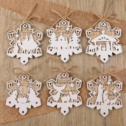 Shellwei 24 Pcs Christmas Ornament Bulk Wooden Nativity Scene Music Sheet - style: Snowflake