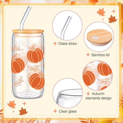 SiliFine 6 Pcs Fall Glass Cups, 16 oz with Lids and Straws - style: Fall Pumpkin Maple