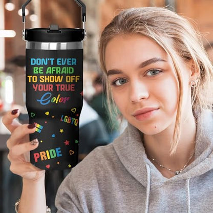 Rainbow Pride Flag Tumbler, Retro Be You Travel Mug, Gay Pride Cups Lesbian Gifts for Women Men, 30 Oz Stainless Steel Tumbler With Handle & Straw, LGBTQ Awareness Month Gifts - color: LGBTQ Awareness Tumbler-2