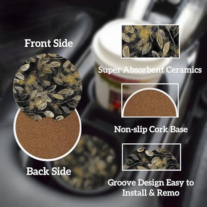 Ceramic Car Cup Coasters 2PCS - Golden Powder Leaves - color: Golden Powder Leaves