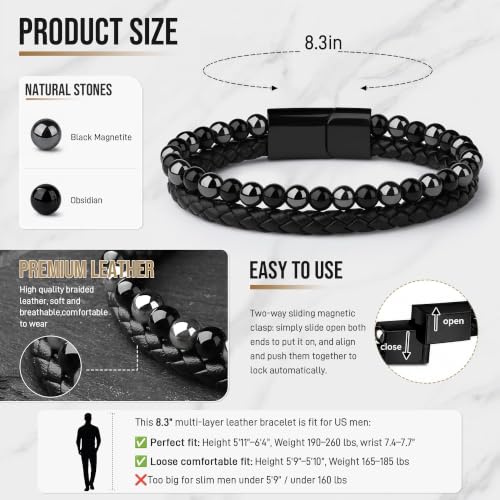 XIANNVXI Mens Tiger's Eye Beads Black Leather Bracelet Gift - color: Gray, Black