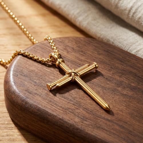 Men's Nail Cross Crucifix Necklace, Stainless Steel Nail Cross Pendant with 24 Inch Box Chain, Silver/Gold/Black Religious Christian Jewelry Gift for Baptism Father's Day Birthday - color: Gold