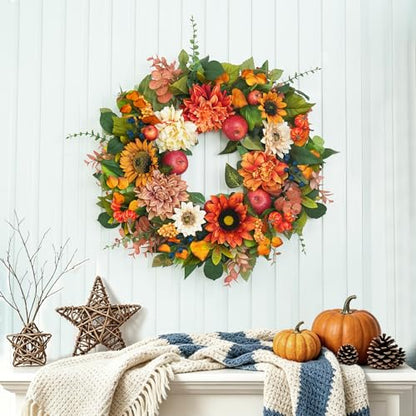 24 Inch Fall Wreaths for Front Door, Apple Wreath Artificial Autumn Wreath - color: Orange3